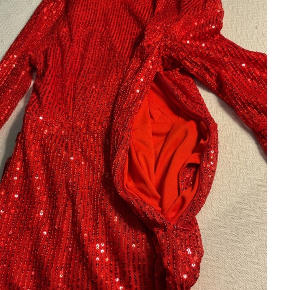 Red Sequin Wrap Dress Long Sleeve V Neck Double Crazy Size S Party Club Mini - Picture 9 of 11